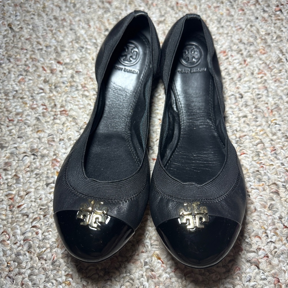 Tory Burch Black Flats with Gold Logo